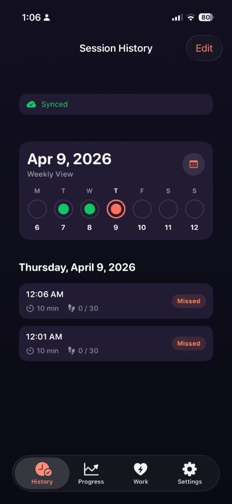 PomoStep session history and weekly calendar