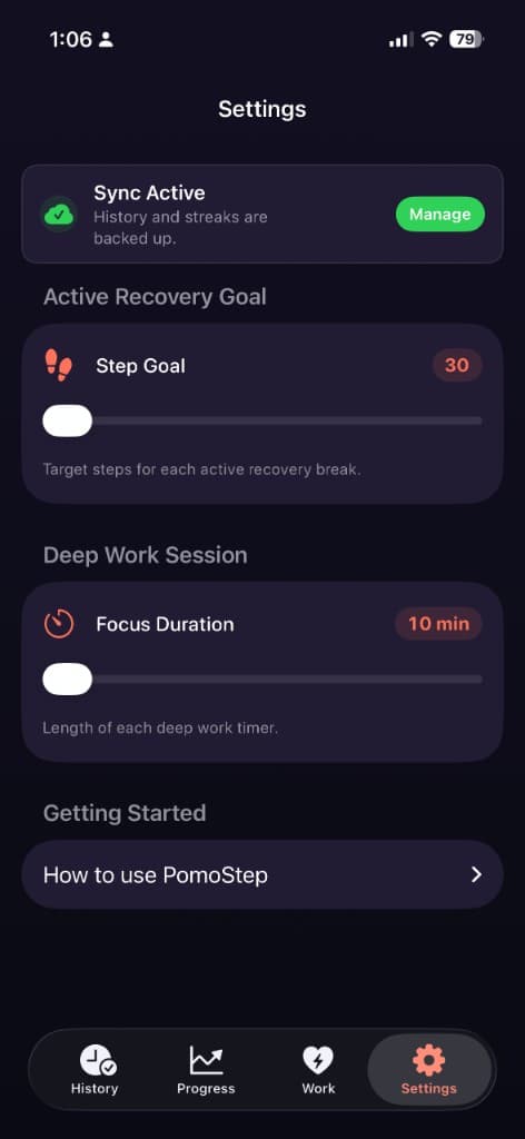 PomoStep settings with sync, step goal, and focus duration