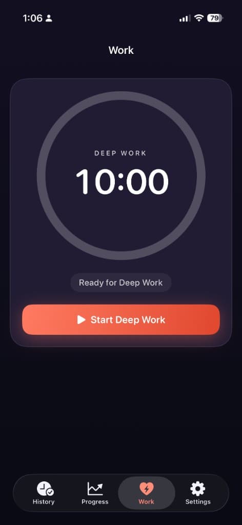 PomoStep Work screen with Deep Work timer
